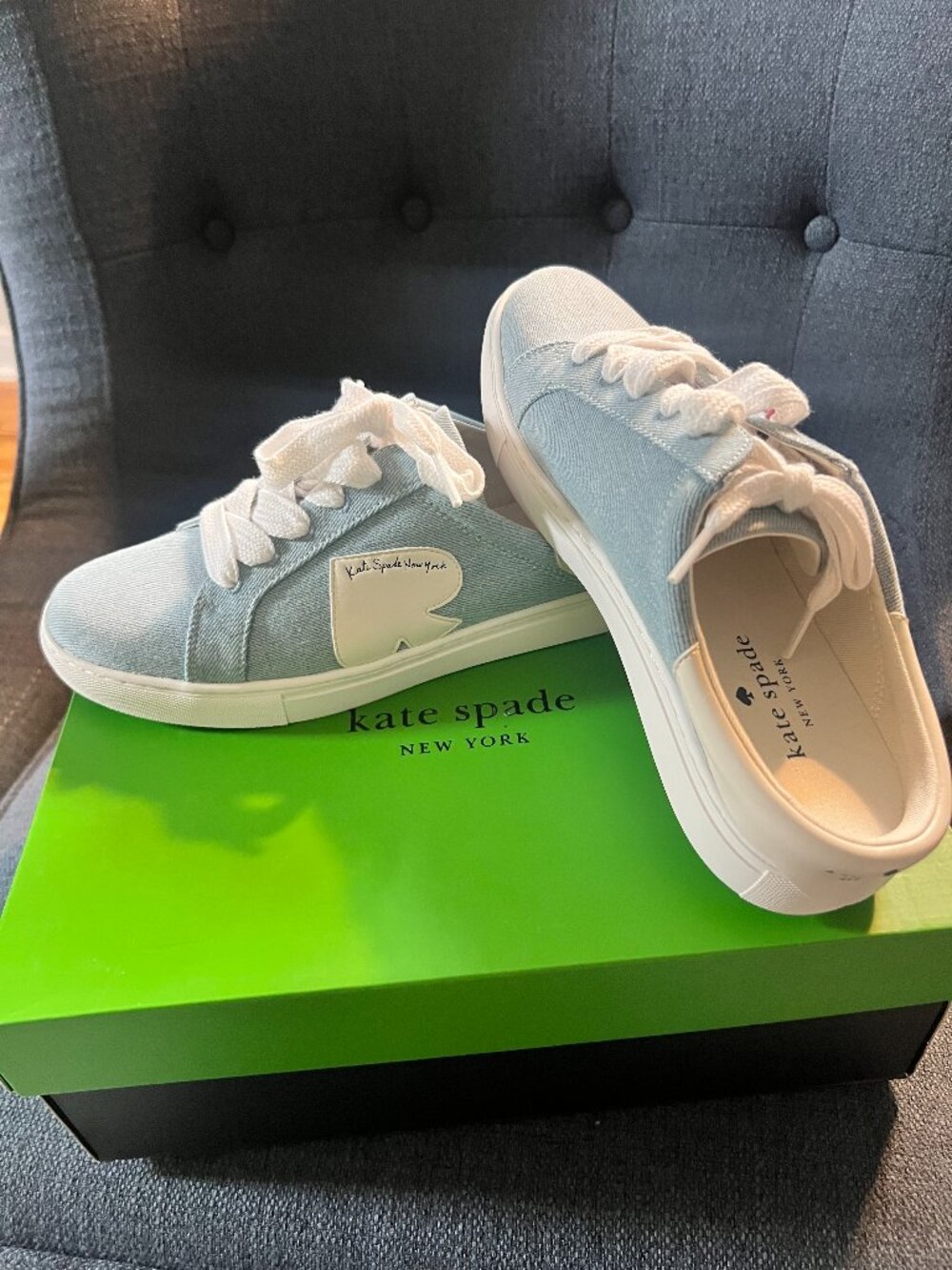 Kate Spade Charli Denim Mule Sneakers Size 8.5 Blue/White KK686 + Box